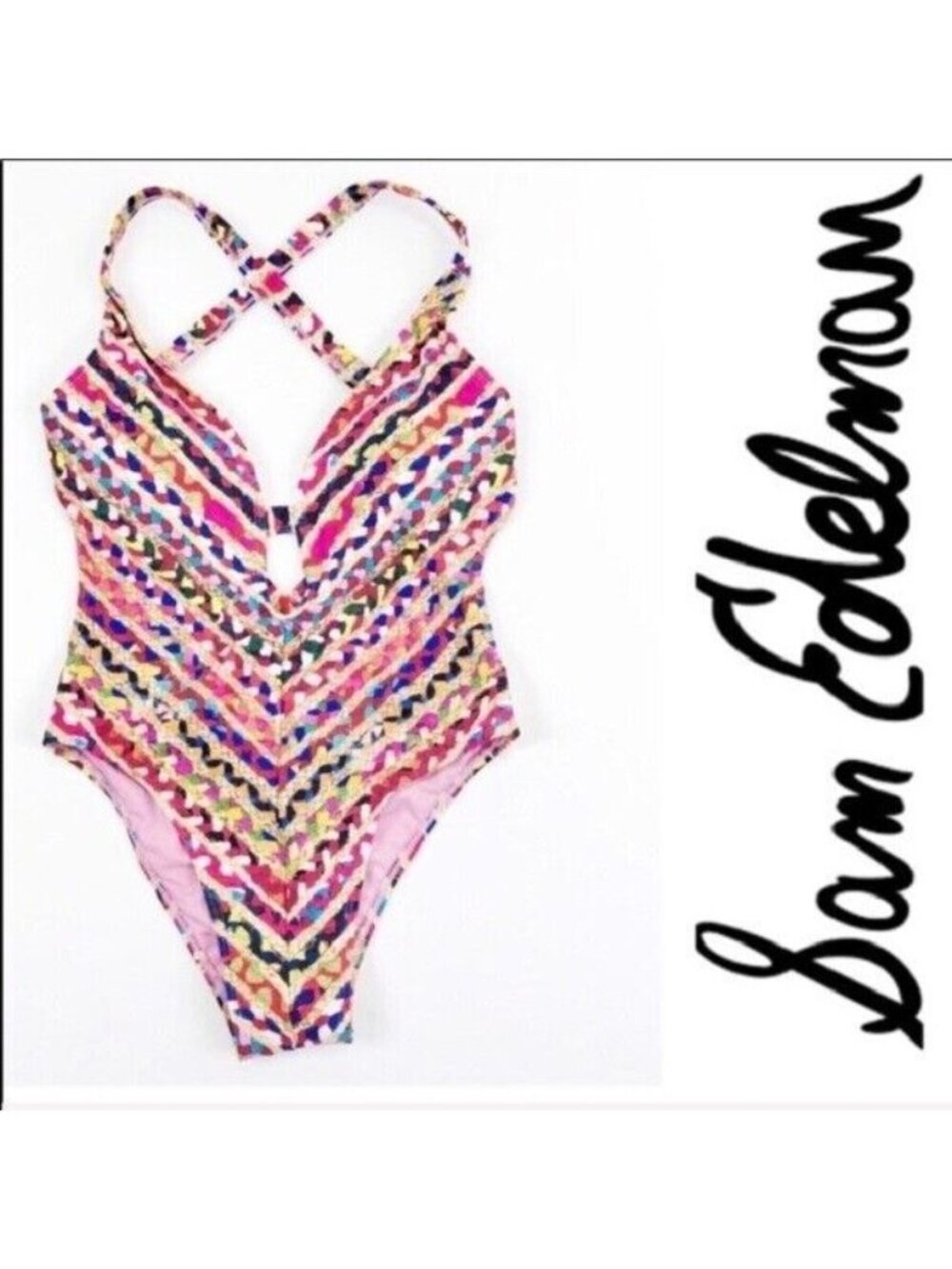 Sam Edelman One Piece Swimsuit Bold Mosaic Print Medium Pink New With Tag